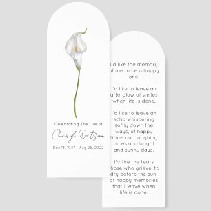 Simple Calla lily Funeral Memorial Bookmark