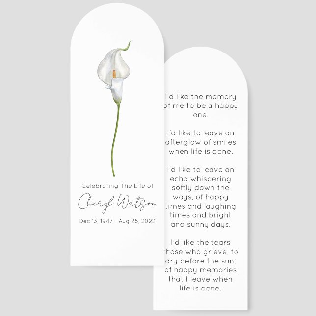 Simple Calla lily Funeral Memorial Bookmark (Front & Back)