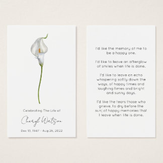 Simple Calla lily Funeral Memorial Prayer Card