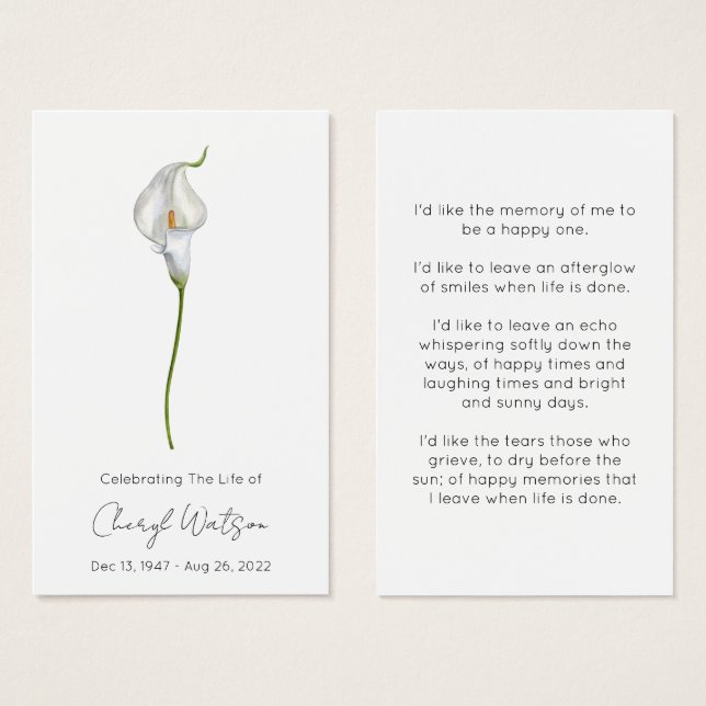 Simple Calla lily Funeral Memorial Prayer Card (Front & Back)