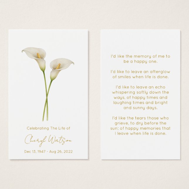 Simple Calla lily Funeral Memorial Prayer Card (Front & Back)