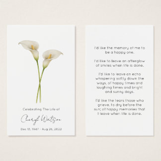 Simple Calla lily Funeral Memorial Prayer Card