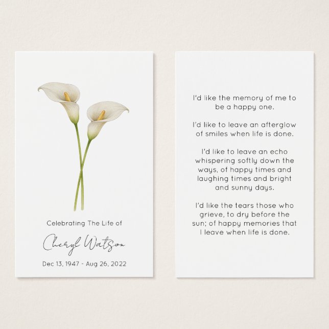 Simple Calla lily Funeral Memorial Prayer Card (Front & Back)