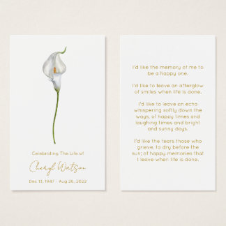 Simple Calla lily Funeral Memorial Prayer Card