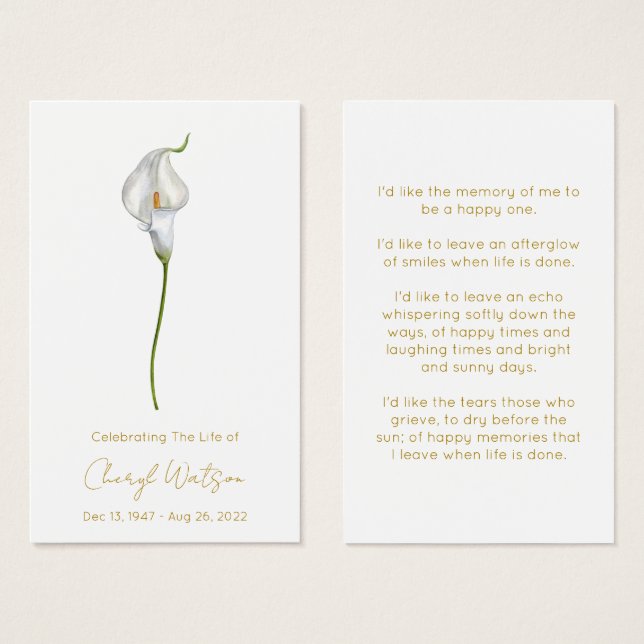 Simple Calla lily Funeral Memorial Prayer Card (Front & Back)