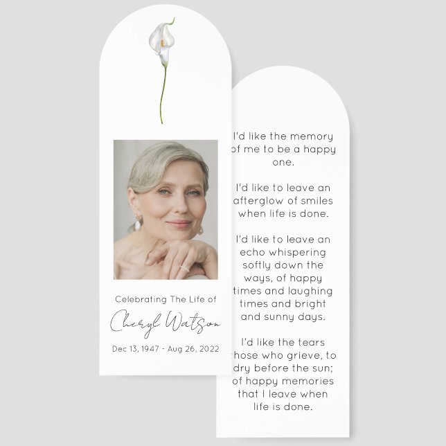 Simple Calla Lily Photo Funeral Memorial Bookmark (Front & Back)