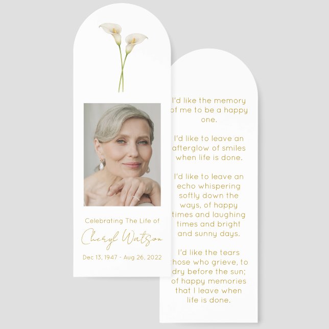 Simple Calla Lily Photo Funeral Memorial Bookmark (Front & Back)