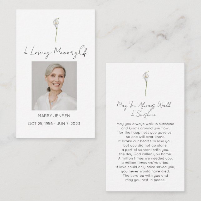 Simple Calla lily Photo Funeral Prayer Card (Front/Back)