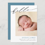 Simple Calligraphy Birth Announcement<br><div class="desc">Share your joyful news with this simple, modern birth announcement. The card features pretty script that reads "hello" across the top. Below the calligraphy, add your newborn's photo, name, birth stats, and your names. The baby's name is written in blue but this can be easily changed if you prefer another...</div>