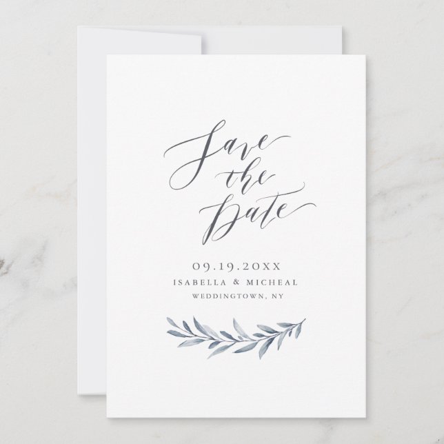 Simple calligraphy dusty blue greenery wedding save the date (Front)