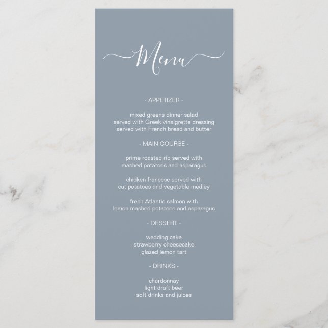 Simple Calligraphy Dusty Blue Wedding Menu Card (Front)