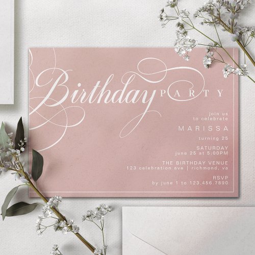 Simple Calligraphy Dusty Rose Pink Blush Birthday Invitation