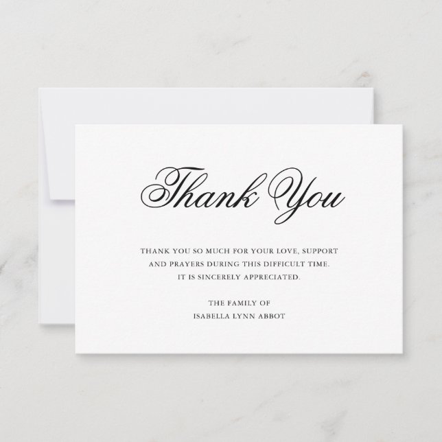 Simple Calligraphy Elegant Funeral Acknowledgment Thank You Card (Front)
