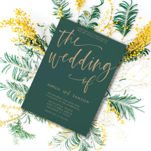 Simple Calligraphy Emerald Green & Gold Wedding Invitation