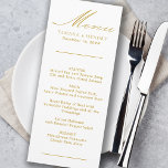 Simple Calligraphy Gold and White Wedding Menu<br><div class="desc">Custom wedding menu card. Simple classic and elegant design gold and white to coordinate with your wedding colors (please browse my store for alternative colors or click "customize further" and change the background color to suit). The template is ready for you to add the bride and groom names, wedding date...</div>