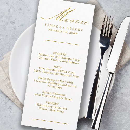 Simple Calligraphy Gold and White Wedding Menu