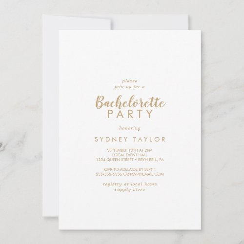 Simple Calligraphy  Gold Bachelorette Party Invitation