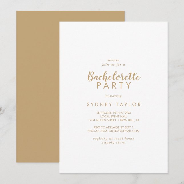 Simple Calligraphy | Gold Back Bachelorette Party  Invitation (Front/Back)
