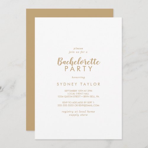 Simple Calligraphy  Gold Back Bachelorette Party  Invitation