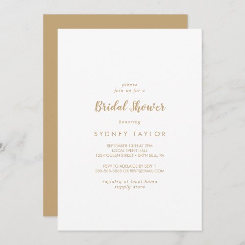 Simple Calligraphy  Gold Back Bridal Shower Invitation