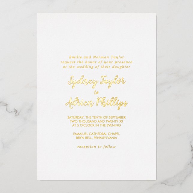 Simple Calligraphy Gold Back Formal Wedding Gold  Foil Invitation (Front)
