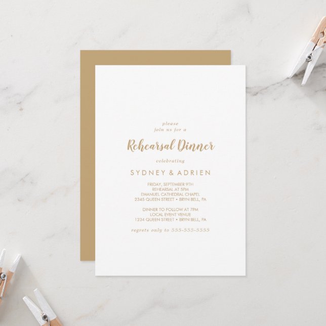 Simple Calligraphy | Gold Back Rehearsal Dinner Invitation (Front/Back In Situ)