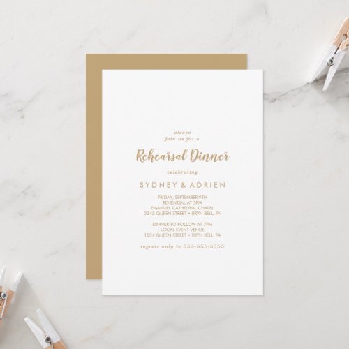 Simple Calligraphy  Gold Back Rehearsal Dinner Invitation