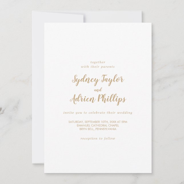Simple Calligraphy|Gold Casual Wedding Invitation (Front)