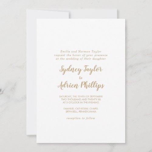 Simple Calligraphy  Gold Formal Wedding  Invitation