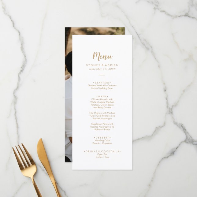 Simple Calligraphy|Gold Photo Wedding Dinner Menu (Front/Back In Situ)