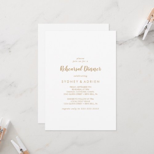 Simple Calligraphy  Gold Rehearsal Dinner Invitation