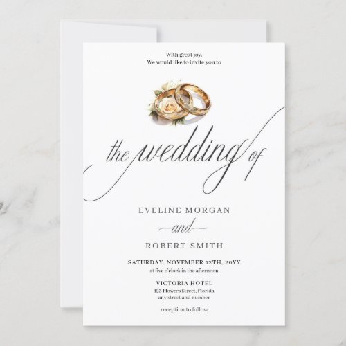 Simple calligraphy gold rings and roses wedding invitation