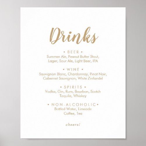 Simple Calligraphy  Gold Wedding Drinks Menu Sign