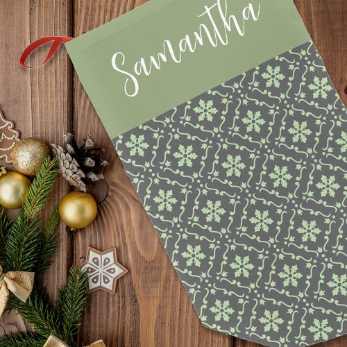 Simple Calligraphy Green Snowflake Pattern Grey Small Christmas Stocking
