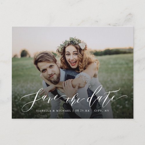 Simple calligraphy greenery photo save the date postcard