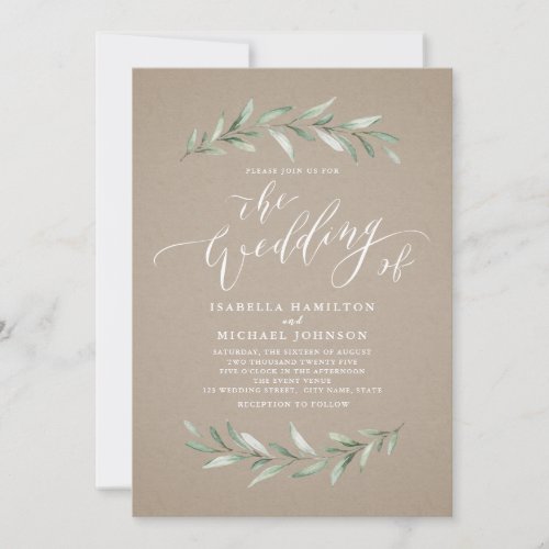 Simple calligraphy greenery rustic kraft wedding invitation