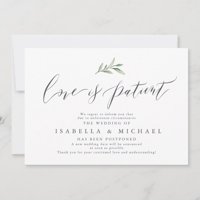 Simple calligraphy greenery wedding postponement invitation (Front)