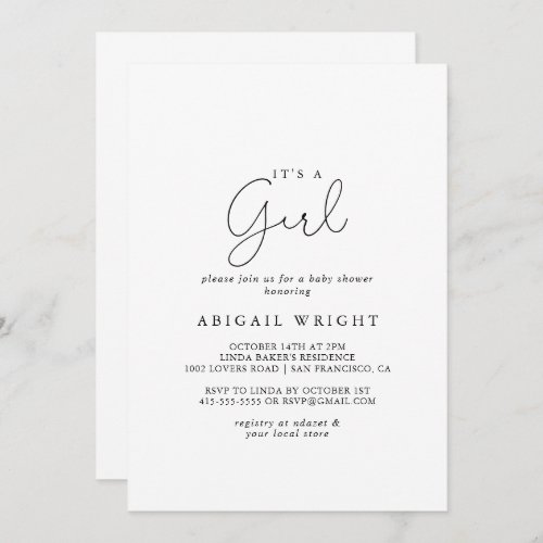 Simple Calligraphy Its A Girl Baby Shower   Invitation