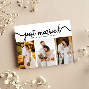 Simple Calligraphy Just Married Photo Elopement Announcement Postcard