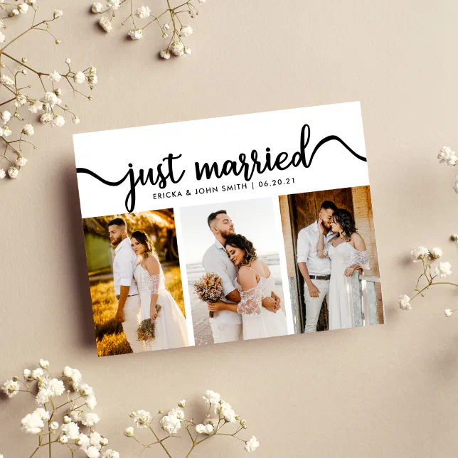 Simple Calligraphy Just Married Photo Elopement Announcement Postcard ...