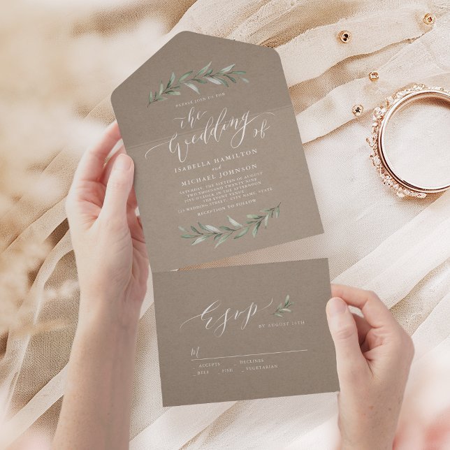 Simple calligraphy kraft rustic greenery wedding   all in one invitation (Simple calligraphy kraft rustic greenery wedding all in one invitation)