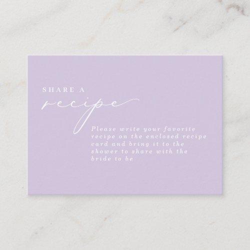 Simple Calligraphy Lilac Bridal Shower Recipe Enclosure Card