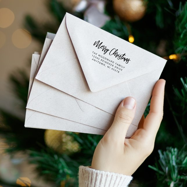 Simple Calligraphy Merry Christmas Return Address Rubber Stamp (Creator Uploaded)