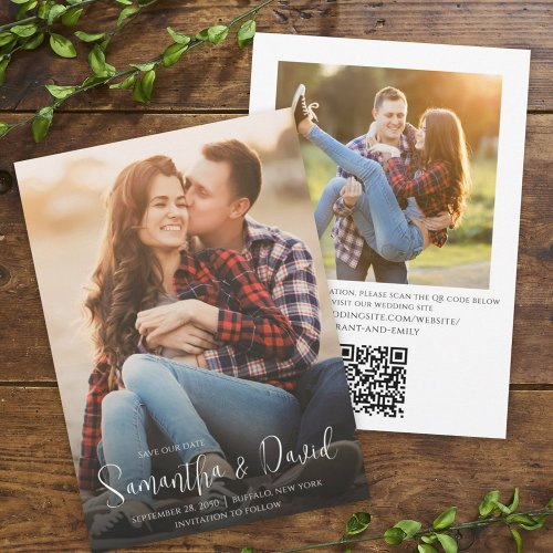 Simple Calligraphy Minimalist Two Photo QR Code Save The Date