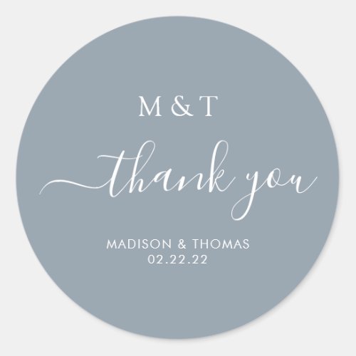 Simple Calligraphy Monogram Dusty Blue Wedding Classic Round Sticker