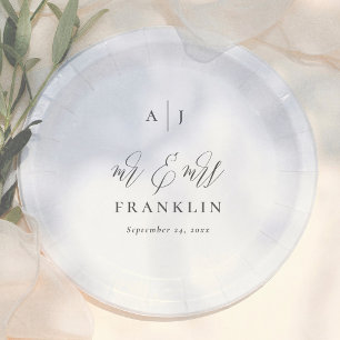 Simple Calligraphy Monogram Mr & Mrs Wedding Paper Plates