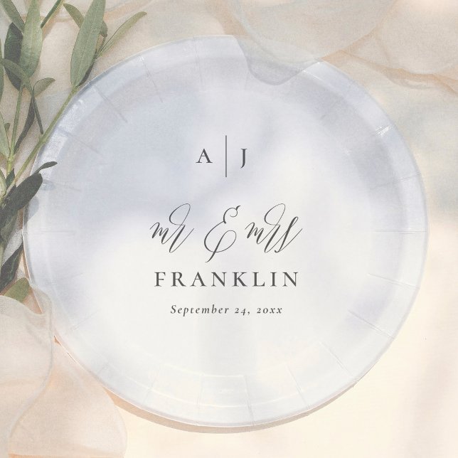 Simple Calligraphy Monogram Mr & Mrs Wedding Paper Plates (Creator Uploaded)