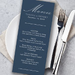 Simple Calligraphy Navy Blue Wedding Menu<br><div class="desc">Custom wedding menu card. Simple classic and elegant design in navy blue to coordinate with your wedding colors (please browse my store for alternative colors or click "customize further" and change the background color to suit). The template is ready for you to add the bride and groom names, wedding date...</div>