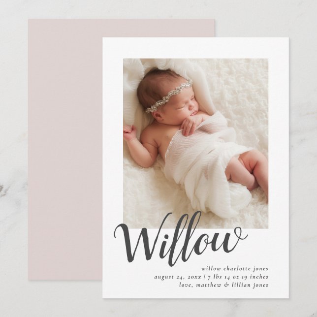 Simple Calligraphy Photo Birth Announcement (Front/Back)