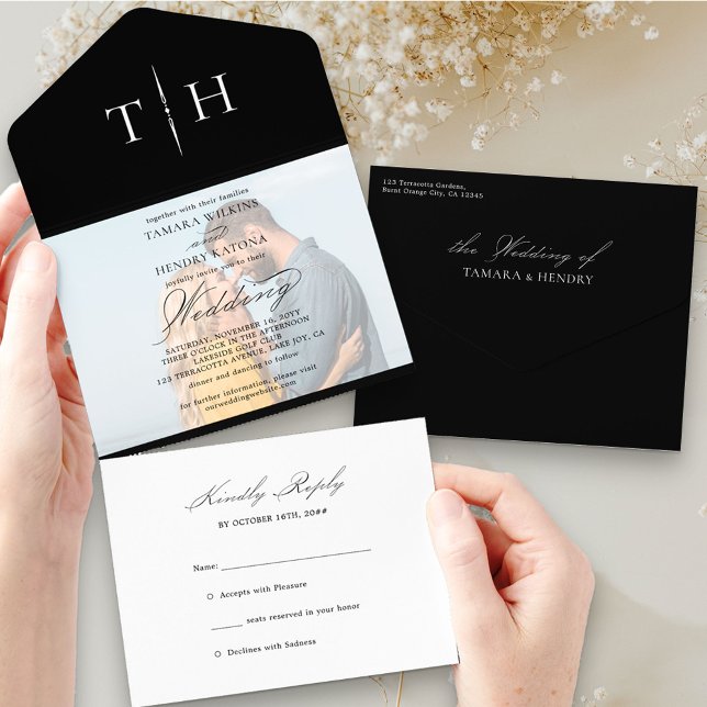 Simple Calligraphy Photo Black White RSVP Wedding All In One Invitation (Creator Uploaded)